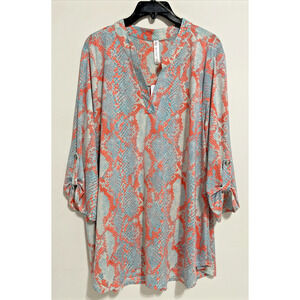 Dear Scarlett Lizzy Top Womens 2X Orange Turquoise Snakeskin 3/4 Tab Sleeve New